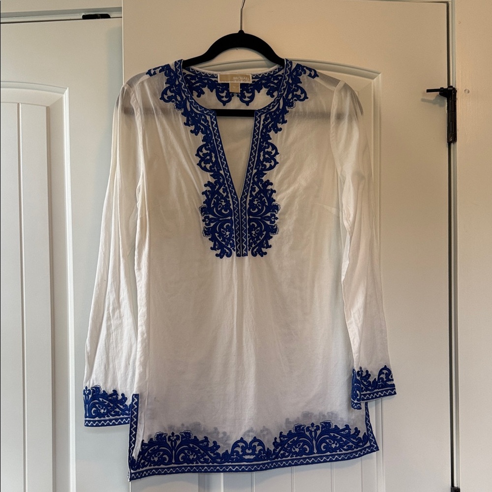 MICHAEL Michael Kors White Tunic with Cobalt Blue Embroidery